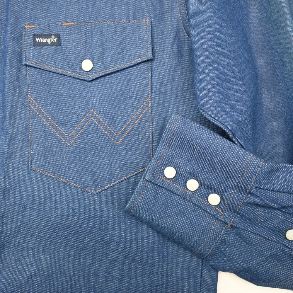 Vtg Wrangler Large Cotton Denim Pearl Snap L/S Western Rockabilly Rodeo Shirt - Picture 3 of 12